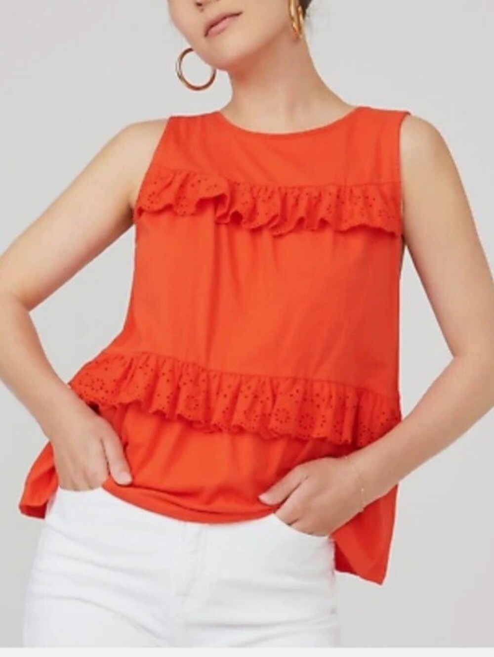 J.CREW Top Tiered Sleeveless Ruffle S Tomato Red Eyelet Shell
